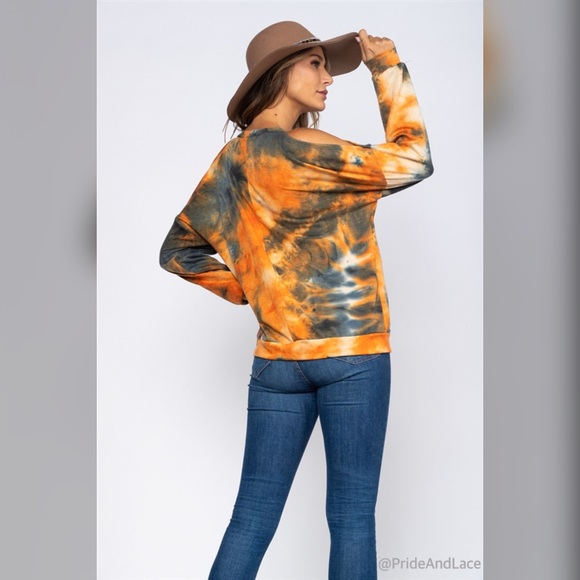 BLACK/RUST TIE DYE COLD SHOULDER TOP - Picture 3 of 5